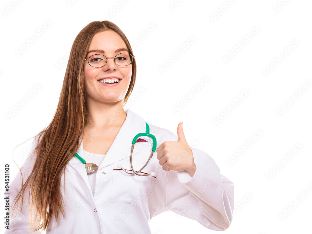 Woman in lab coat thumb up gesture Woman in lab coat thumb up gesture
