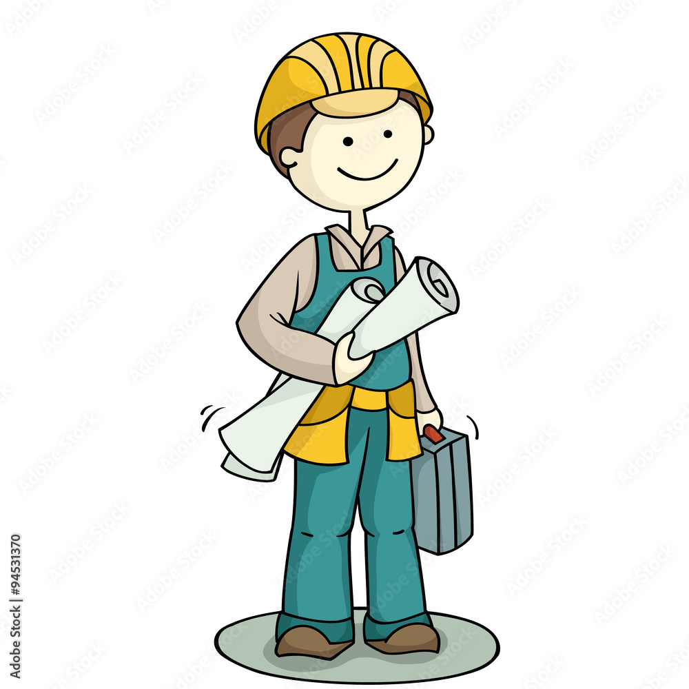 Cartoon character worker holding toolbox. Cute mechanical engineer standing  with plan and helmet. Hand-drawn vector illustration isolated on white.  Stock Vector | Adobe Stock