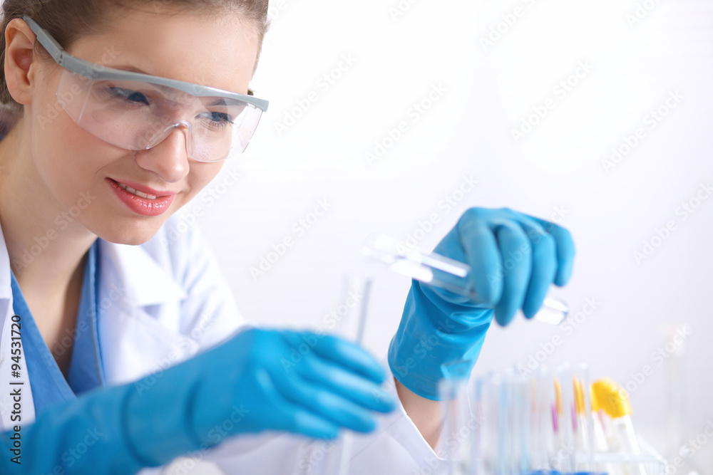 Woman researcher is surrounded by medical vials and flasks, isolated on white background Woman researcher is surrounded by medical vials and flasks, isolated on white background