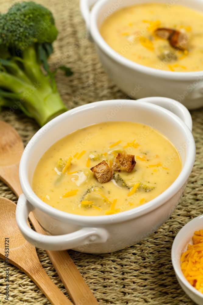 Broccoli Cheddar Soup. Selective focus. Broccoli Cheddar Soup. Selective focus.