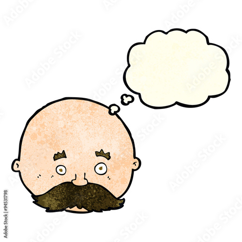 cartoon bald man with mustache with thought bubble