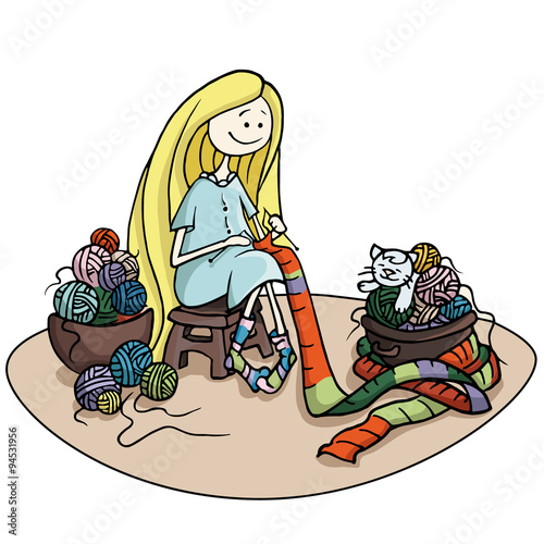 Cute girl knitting scarf with sleeping cat. Hand-drawn vector illustration.