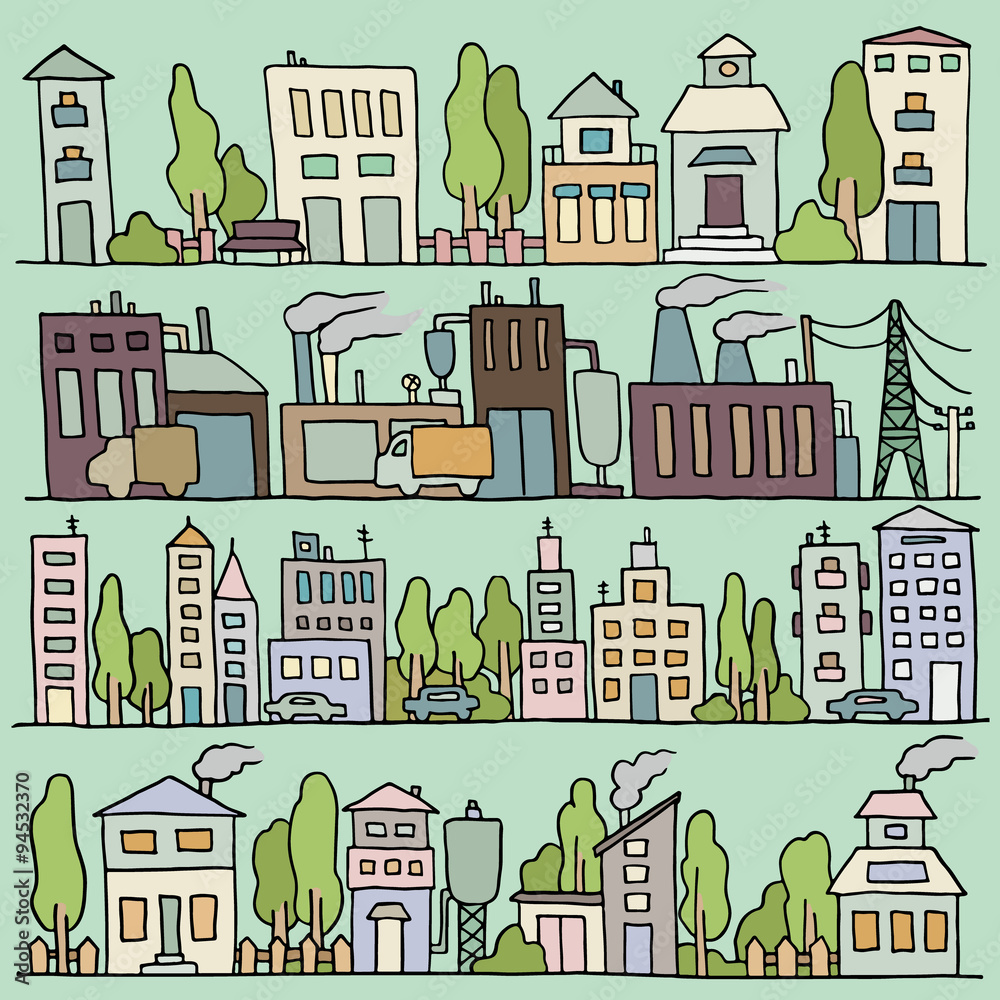 Sketch big city architecture with houses, factory, trees, cars. Panorama set of streets in a row. Hand-drawn vector colored illustration organized in groups for easy editing.