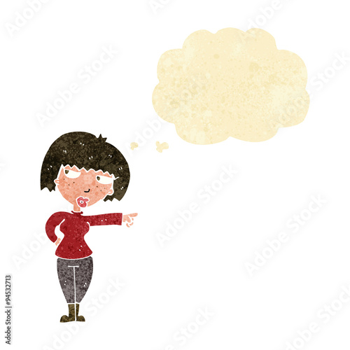 cartoon annoyed woman pointing with thought bubble