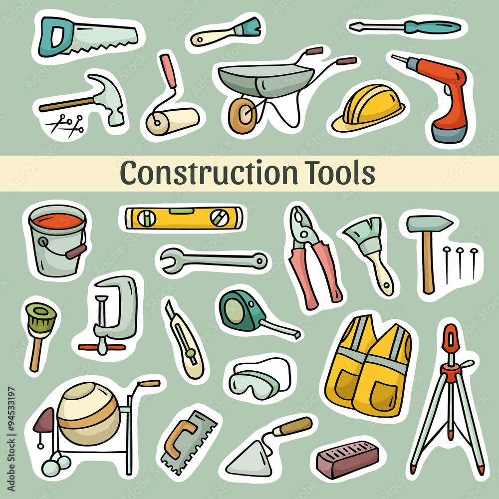 Big cartoon set of operating tools. Cute collection of building ...