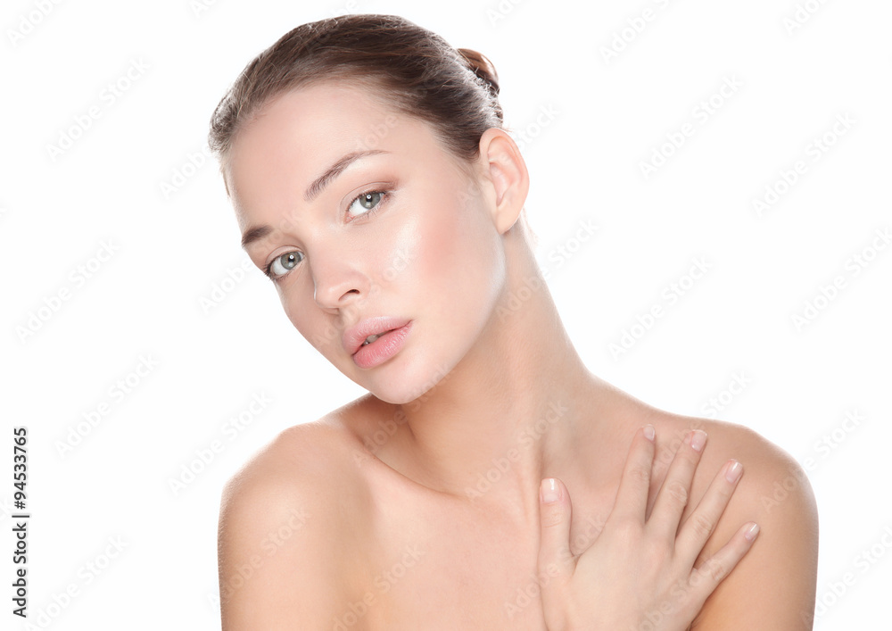 Close up portrait of beautiful young woman face. Isolated on white background