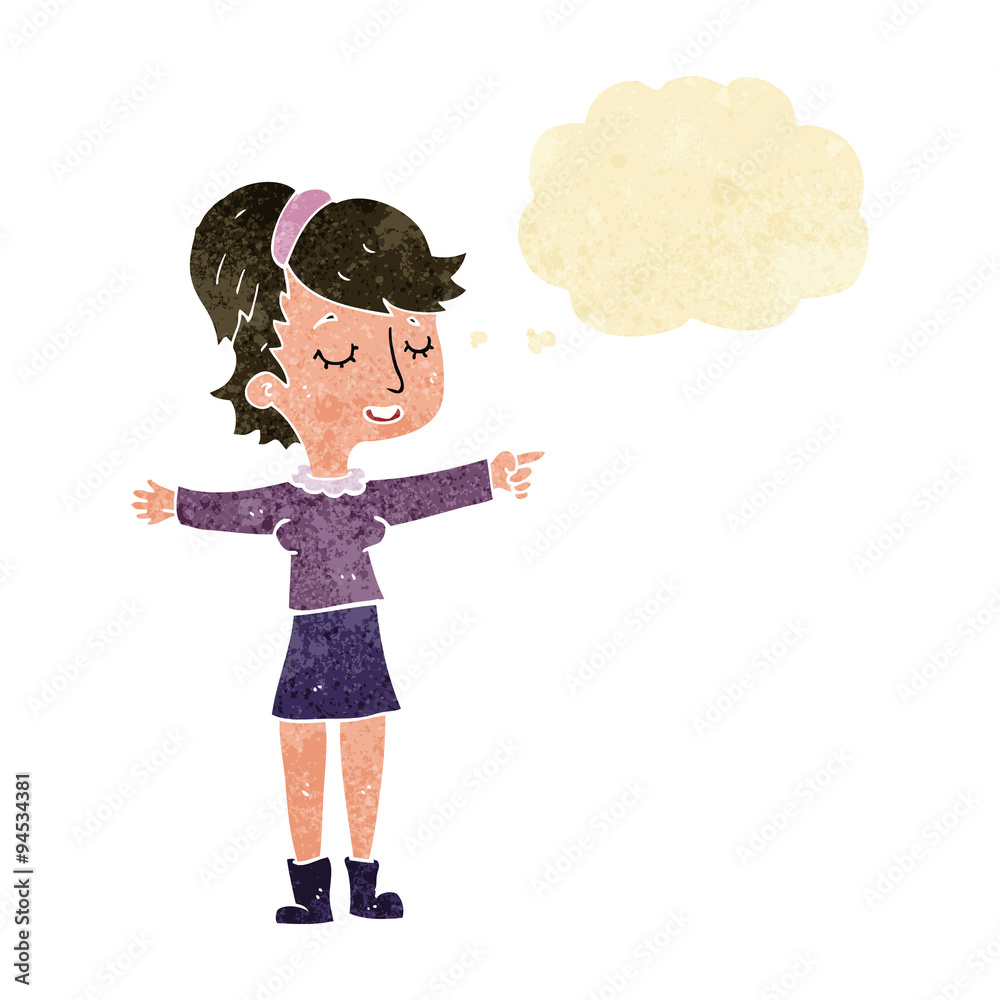 cartoon happy woman pointing with thought bubble cartoon happy woman pointing with thought bubble