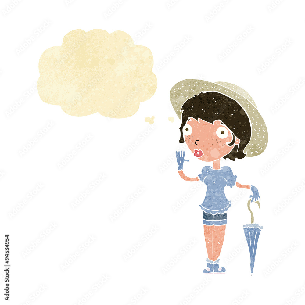 cartoon woman in summer hat waving with thought bubble cartoon woman in summer hat waving with thought bubble