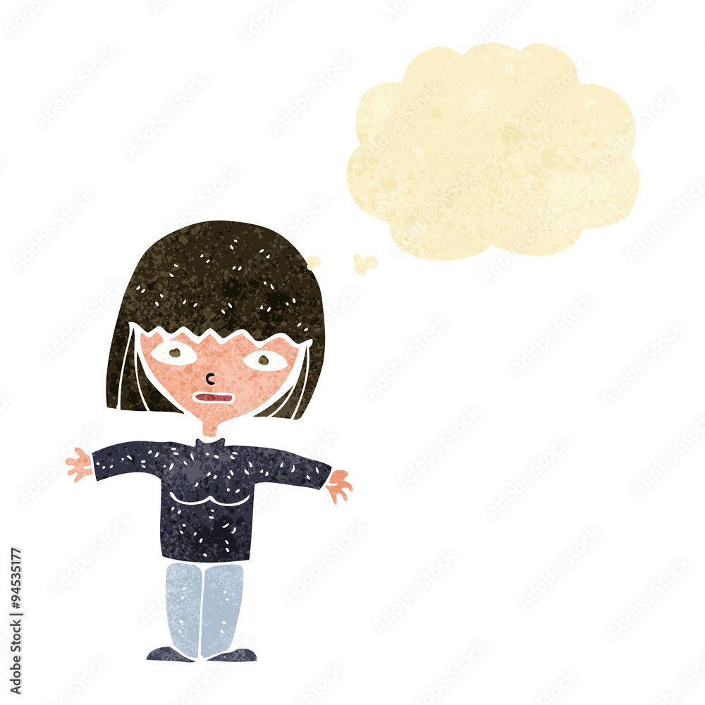 cartoon woman with open arms with thought bubble cartoon woman with open arms with thought bubble