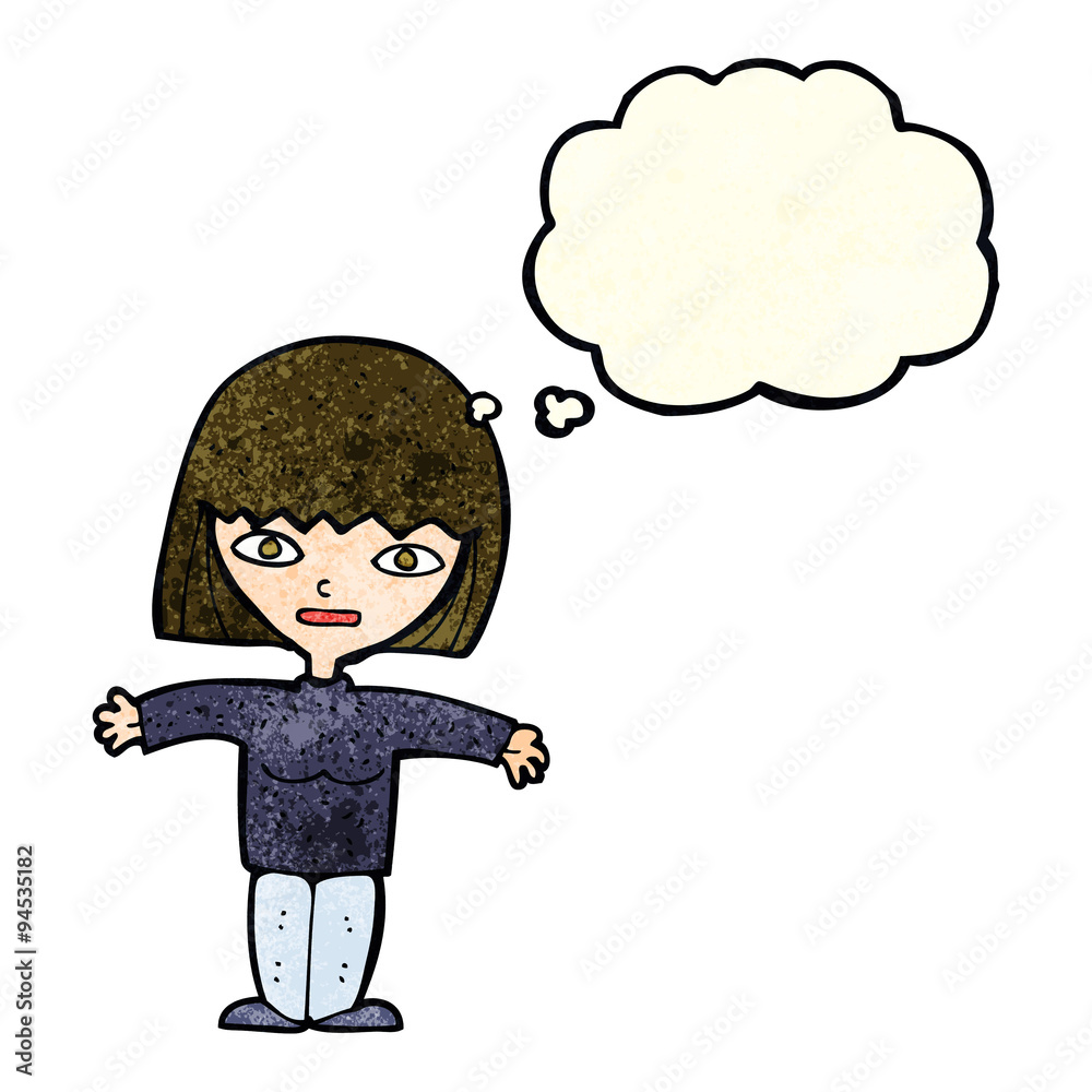 cartoon woman with open arms with thought bubble cartoon woman with open arms with thought bubble