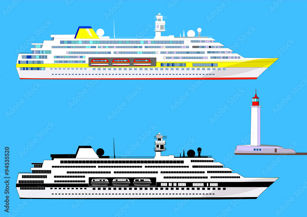 Cruise ships, colored and black-and-white, lighthouse, isolated on blue, vector illustration