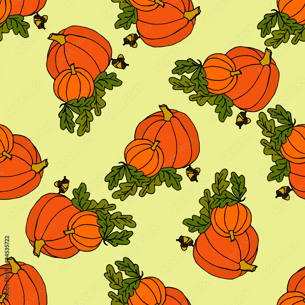 Illustration of pumpkins and acorns. Halloween card. Seamless pattern.