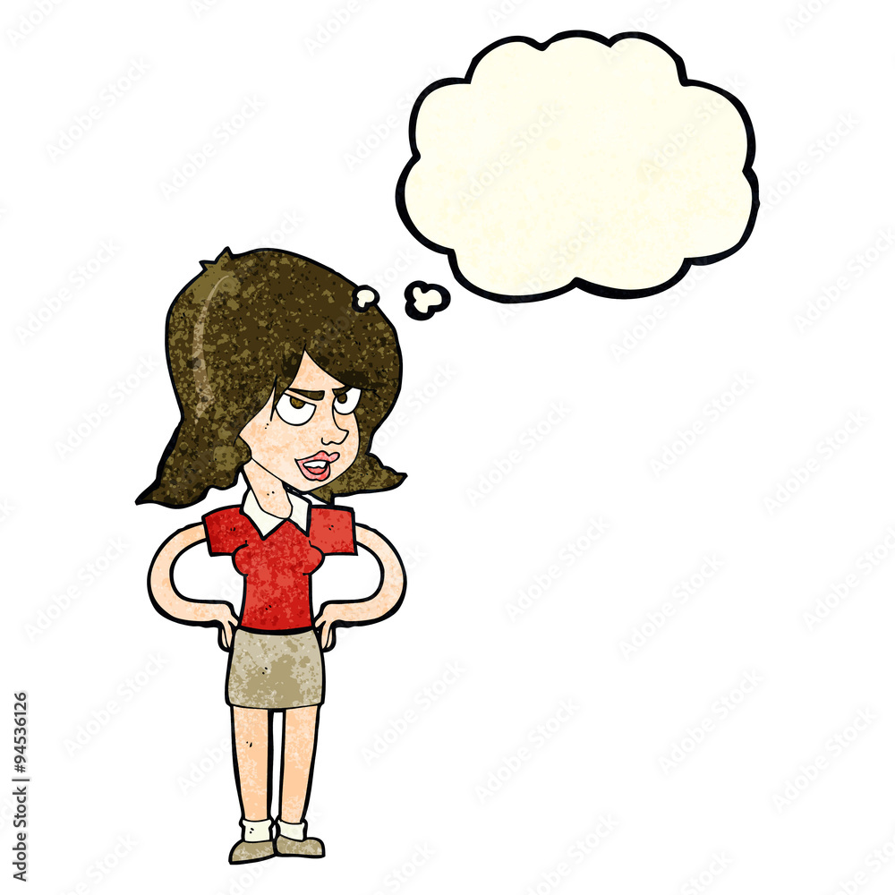 cartoon annoyed woman with hands on hips with thought bubble cartoon annoyed woman with hands on hips with thought bubble