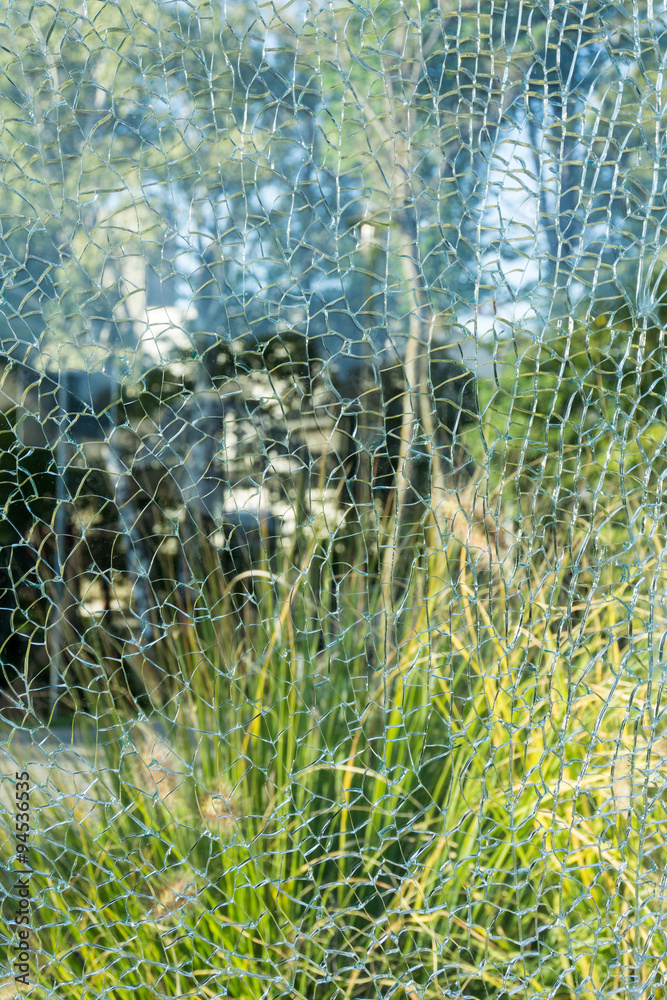 Park view through the broken glass. Broken glass texture. Abstr Stock