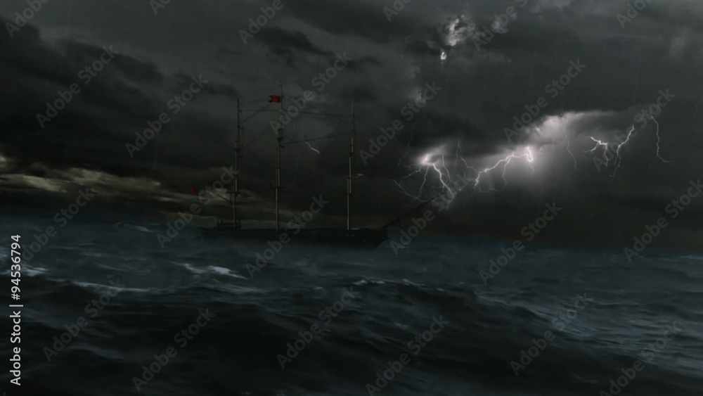Frigate in the stormy sea.