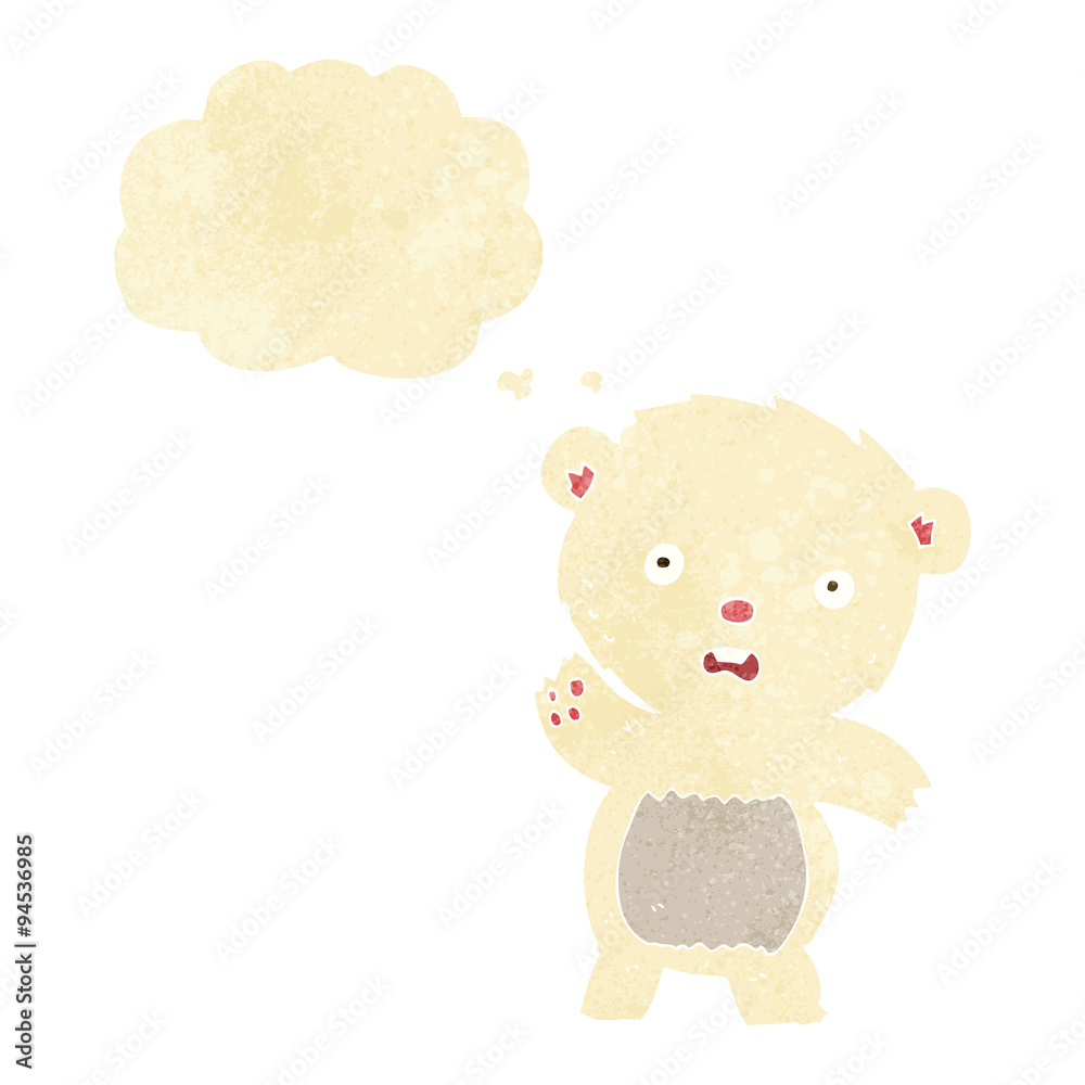 cartoon waving polar bear cub with thought bubble