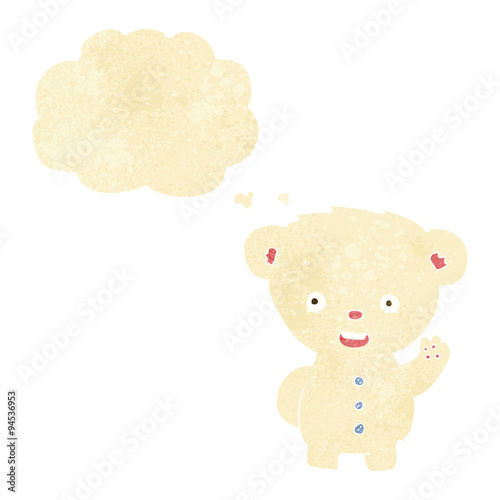 cartoon waving polar bear cub with thought bubble