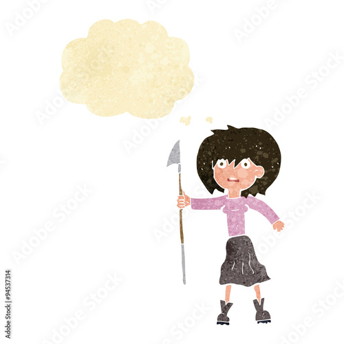 cartoon woman with harpoon with thought bubble