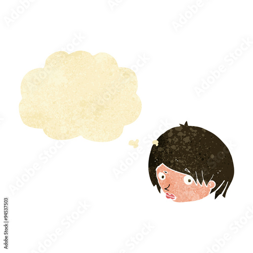 cartoon female face with raised eyebrow with thought bubble