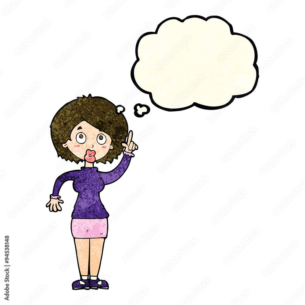 cartoon woman with idea with thought bubble cartoon woman with idea with thought bubble
