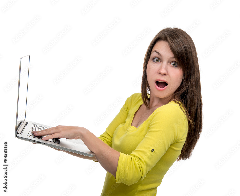 Fototapeta premium Young woman with new modern popular laptop keyboard with blank s