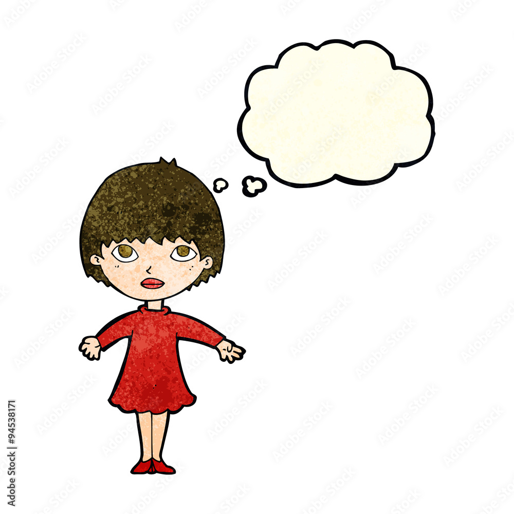 cartoon woman in dress with thought bubble cartoon woman in dress with thought bubble