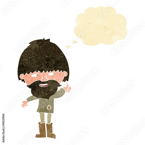 cartoon hippie man in wellington boots with thought bubble