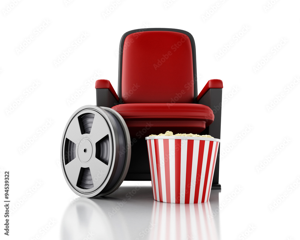 Naklejka premium 3d Film reel and popcorn on theater seat.