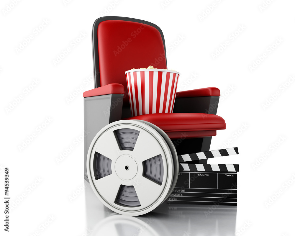 Naklejka premium 3d Film reel, popcorn and Cinema clapper board on theater seat.
