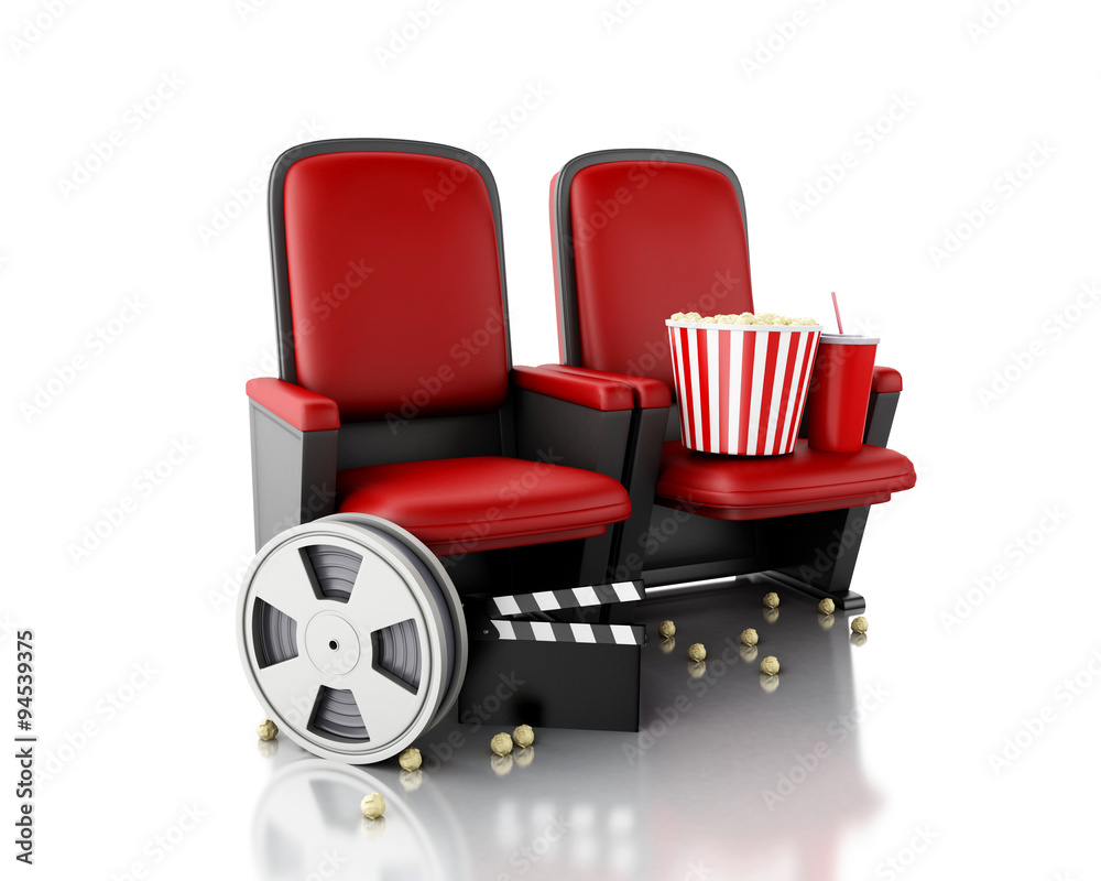 Naklejka premium 3d Film reel, popcorn and Cinema clapper board on theater seat.