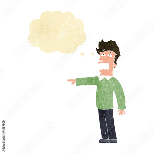 cartoon man accusing with thought bubble