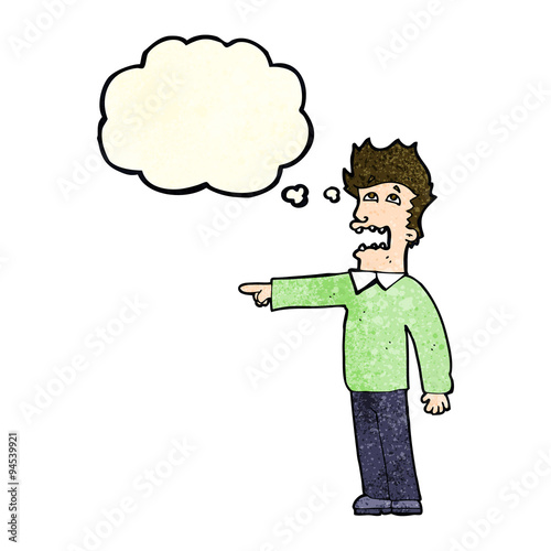 cartoon man accusing with thought bubble