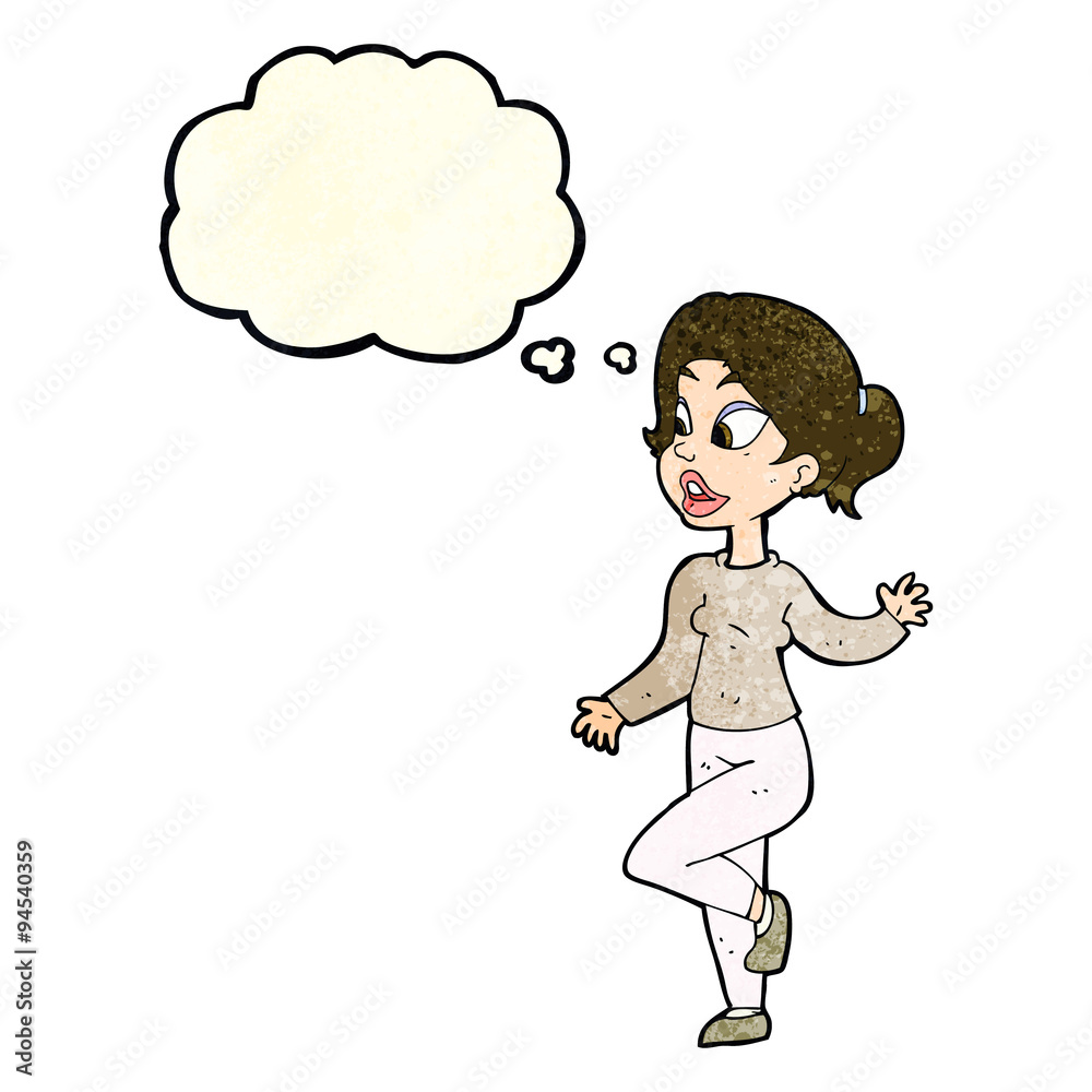 cartoon friendly woman waving with thought bubble cartoon friendly woman waving with thought bubble