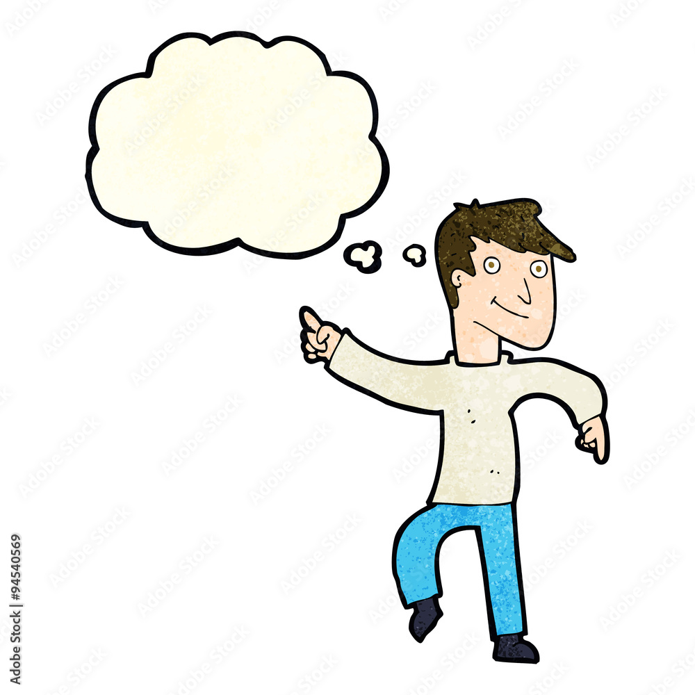 cartoon happy man pointing with thought bubble cartoon happy man pointing with thought bubble