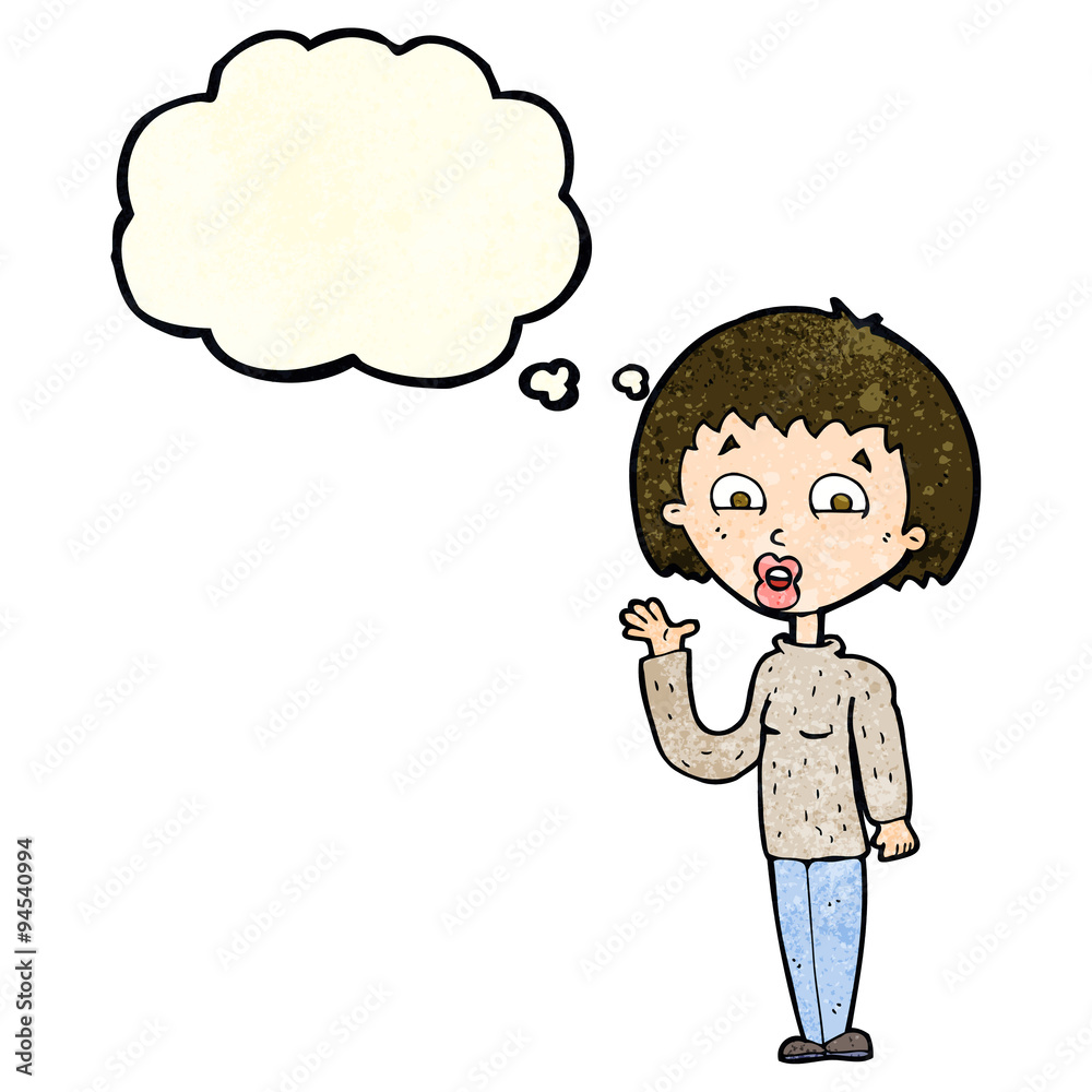 cartoon woman waving with thought bubble cartoon woman waving with thought bubble