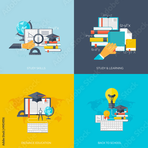 Flat concept education backgrounds set. Back to school. Distance