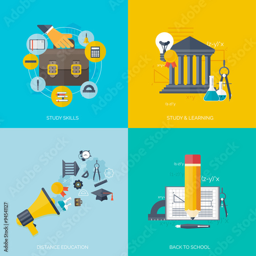 Flat concept education backgrounds set. Back to school. Distance