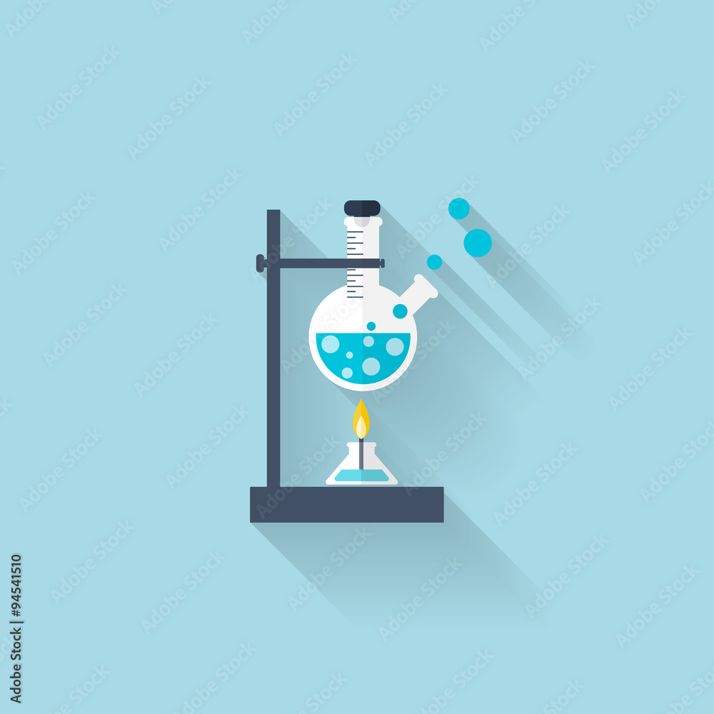 Flat web internet icon. Flask on fire. Medical research.