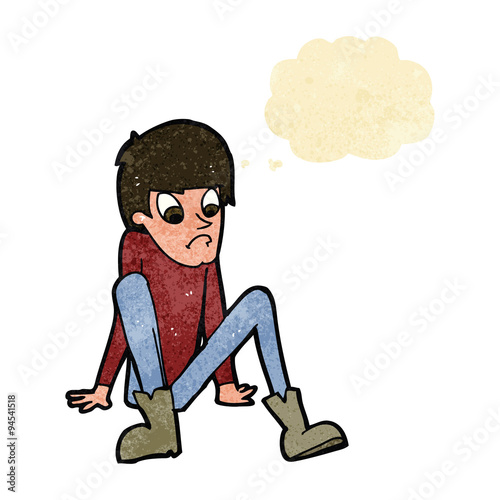 cartoon boy sitting on floor with thought bubble
