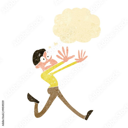cartoon man running away with thought bubble
