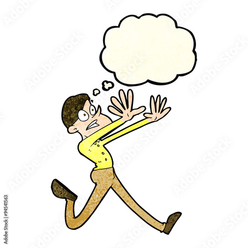 cartoon man running away with thought bubble