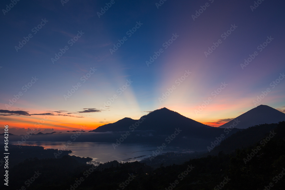 Volcano  and lake Batur at sunrise time, Bali, Indonesia.