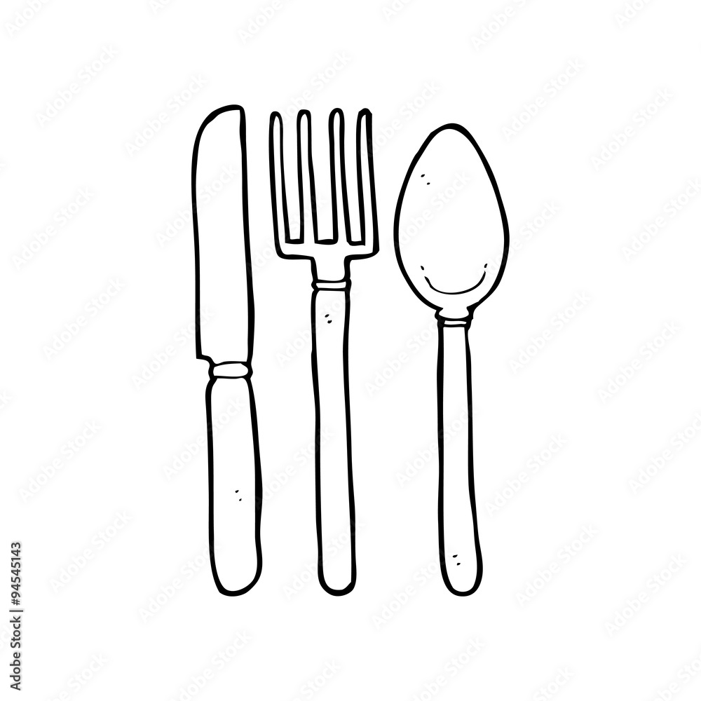 line drawing cartoon knife fork spoon Stock Vector | Adobe Stock