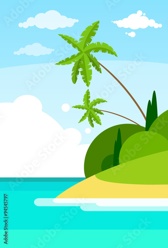 Tropical Beach Island Palm Tree Ocean Summer Vacation Flat