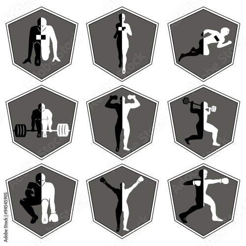 The emblem with the athlete, a sport logo, the runner on start, the person runs, sports training, track and field athletics, weightlifting, a bar raising, exercise with dumbbells, 