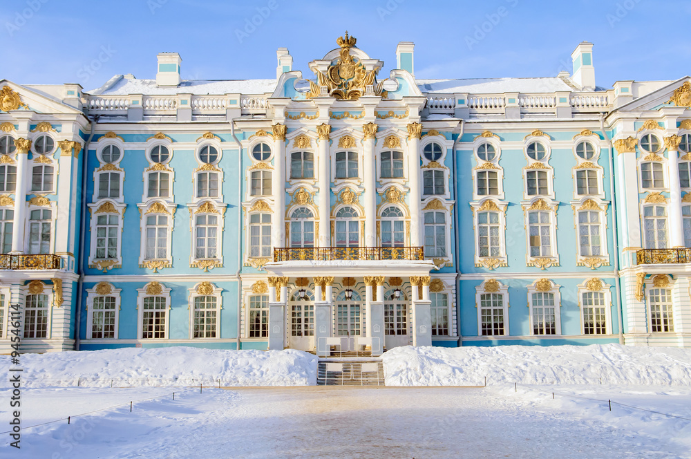 Catherine the Great Palace, Saint Petersburg, Tsarskoe Selo, tourism and travel, destination for tourists, historic building, town of Pushkin,   XVIII-XIX centuries, Hermitage winter.