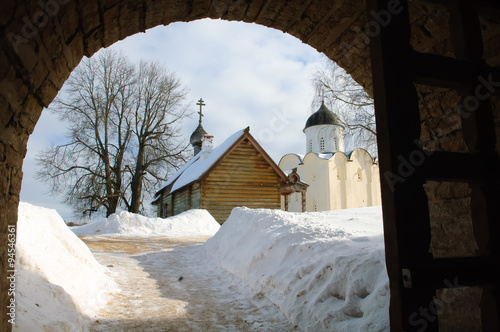 Ancient  fortress Staraya Ladoga of winter, ancient Church  