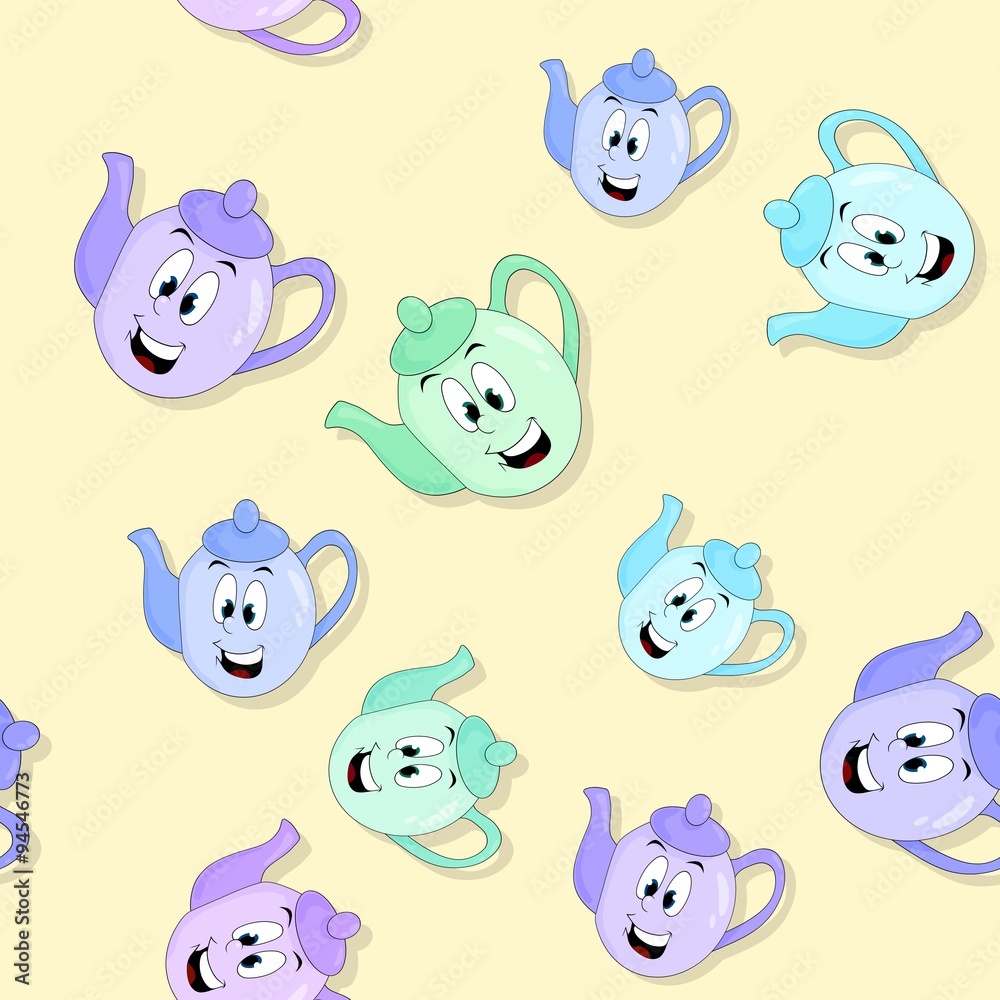Seamless funny kettles pattern with drop shadow