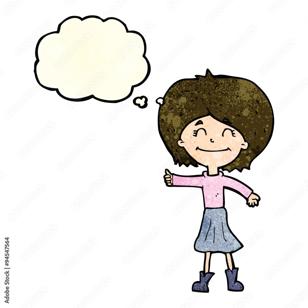 cartoon happy girl giving thumbs up symbol with thought bubble cartoon happy girl giving thumbs up symbol with thought bubble