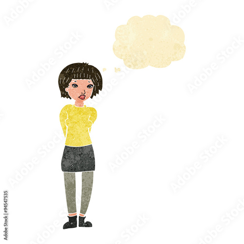 cartoon shy woman with thought bubble
